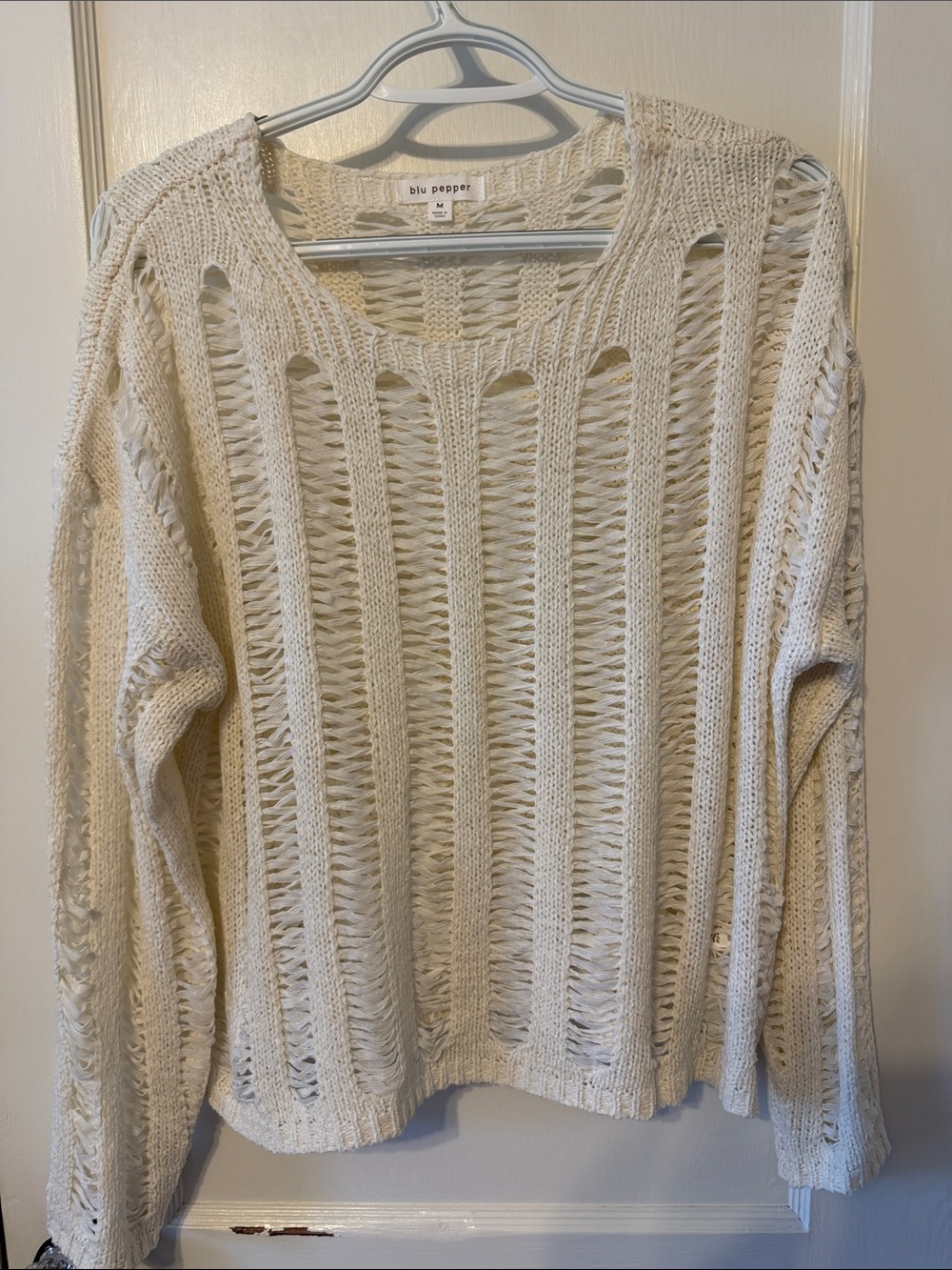 Blu Pepper Open-Weave Cream Crewneck Sweater